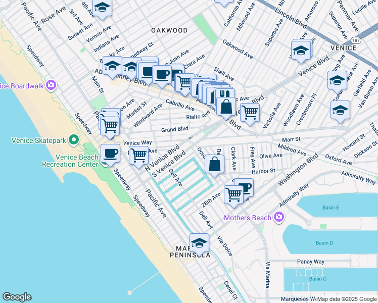 map of restaurants, bars, coffee shops, grocery stores, and more near 466 South Venice Boulevard in Los Angeles