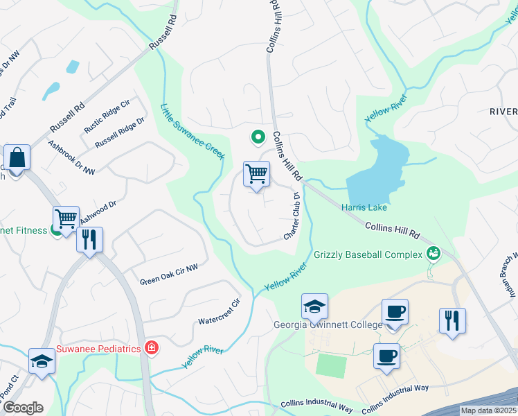 map of restaurants, bars, coffee shops, grocery stores, and more near 1284 Charter Club Court in Lawrenceville