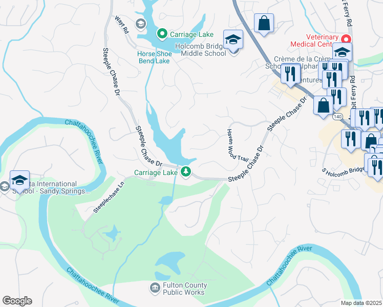 map of restaurants, bars, coffee shops, grocery stores, and more near 2675 Misty Morning Lane in Roswell