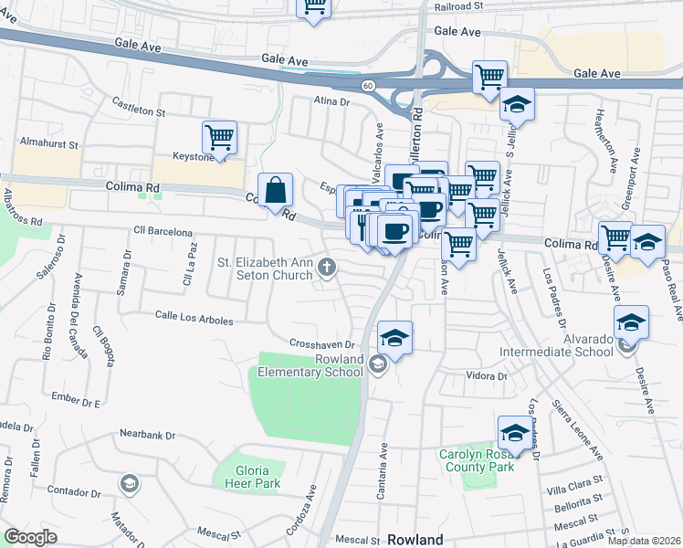 map of restaurants, bars, coffee shops, grocery stores, and more near 18124 Camino Bello in Rowland Heights