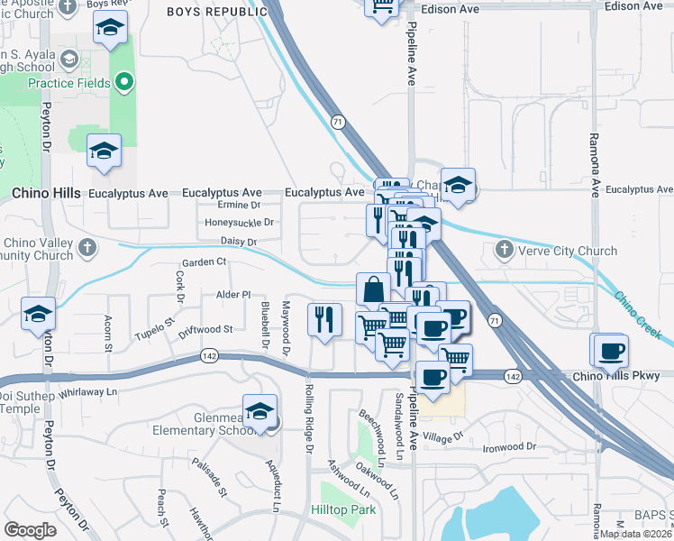 map of restaurants, bars, coffee shops, grocery stores, and more near 3930 Yellowstone Circle in Chino