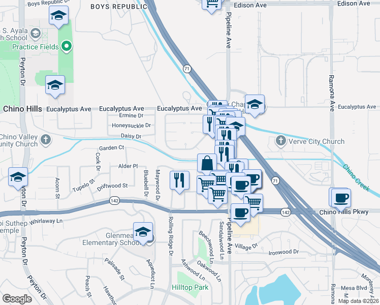 map of restaurants, bars, coffee shops, grocery stores, and more near 3935 Yellowstone Circle in Chino