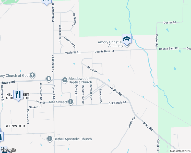 map of restaurants, bars, coffee shops, grocery stores, and more near 204-206 Ben Durrett Drive in Amory