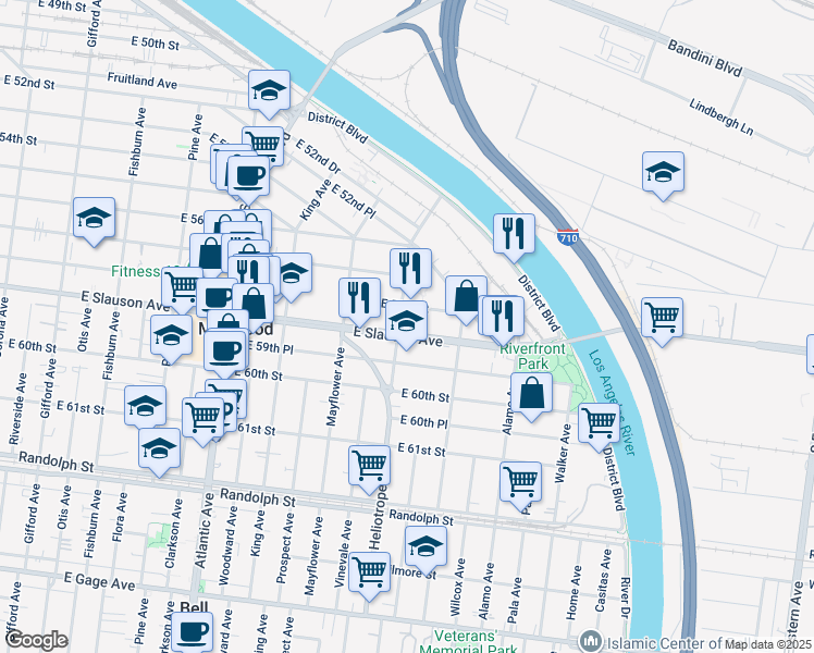 map of restaurants, bars, coffee shops, grocery stores, and more near 4759 Slauson Avenue in Maywood
