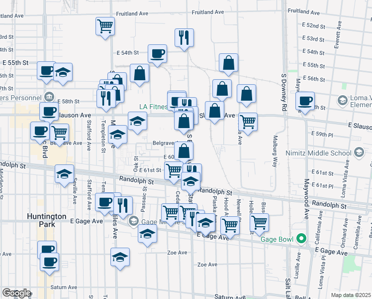 map of restaurants, bars, coffee shops, grocery stores, and more near 6013 State Street in Huntington Park