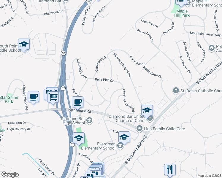 map of restaurants, bars, coffee shops, grocery stores, and more near 21548 Carriso Road in Diamond Bar