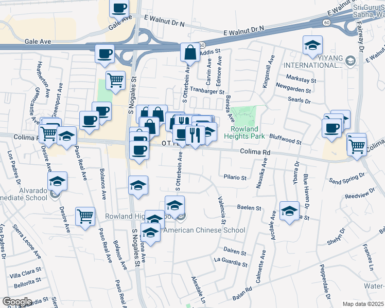 map of restaurants, bars, coffee shops, grocery stores, and more near 19240 Colima Road in Rowland Heights