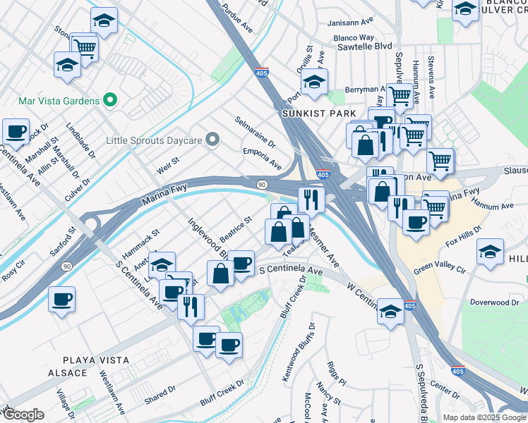 map of restaurants, bars, coffee shops, grocery stores, and more near 11831 Beatrice Street in Culver City