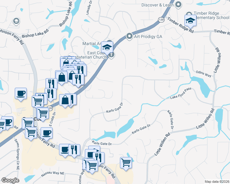 map of restaurants, bars, coffee shops, grocery stores, and more near 4646 Villa Ridge Road in Marietta