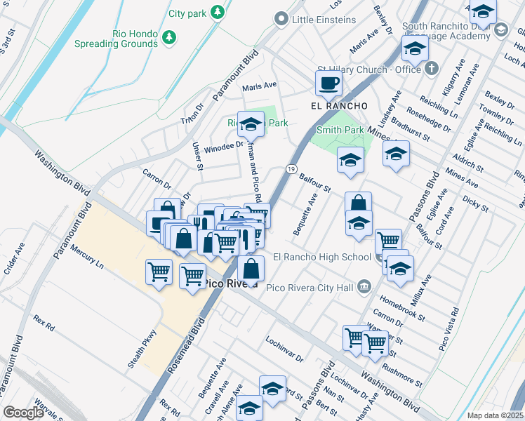 map of restaurants, bars, coffee shops, grocery stores, and more near in Pico Rivera