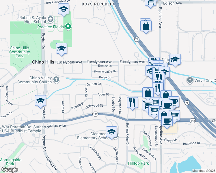 map of restaurants, bars, coffee shops, grocery stores, and more near 3719 Garden Court in Chino Hills