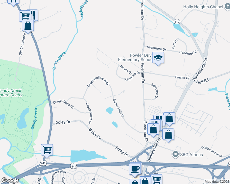 map of restaurants, bars, coffee shops, grocery stores, and more near 561 Creek Hollow Way in Athens