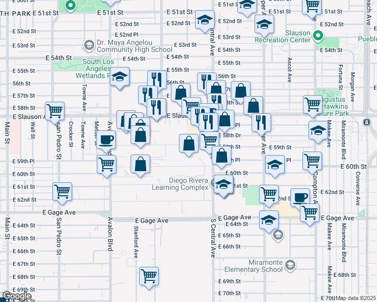 map of restaurants, bars, coffee shops, grocery stores, and more near 914 East 59th Street in Los Angeles
