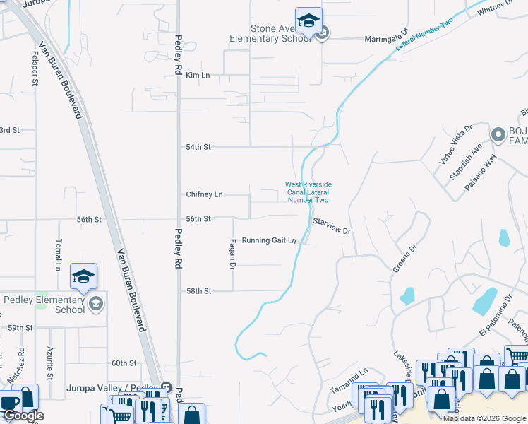 map of restaurants, bars, coffee shops, grocery stores, and more near 8561 56th Street in Riverside