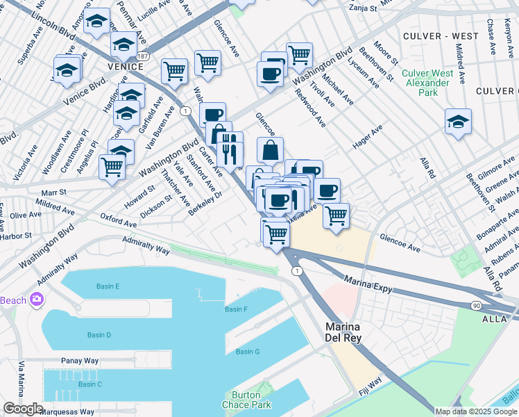 map of restaurants, bars, coffee shops, grocery stores, and more near 4204 Lincoln Boulevard in Marina del Rey