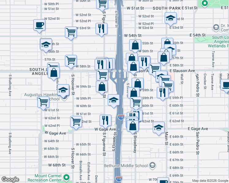 map of restaurants, bars, coffee shops, grocery stores, and more near 5908 South Flower Street in Los Angeles