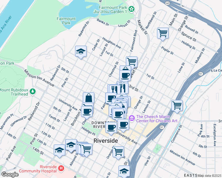 map of restaurants, bars, coffee shops, grocery stores, and more near 3425 Fairmount Boulevard in Riverside