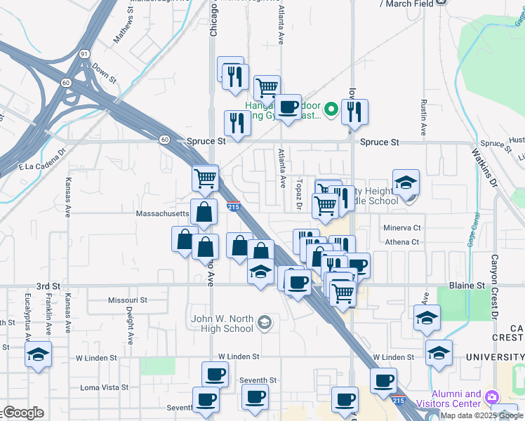 map of restaurants, bars, coffee shops, grocery stores, and more near 138 Sir Damas Drive in Riverside