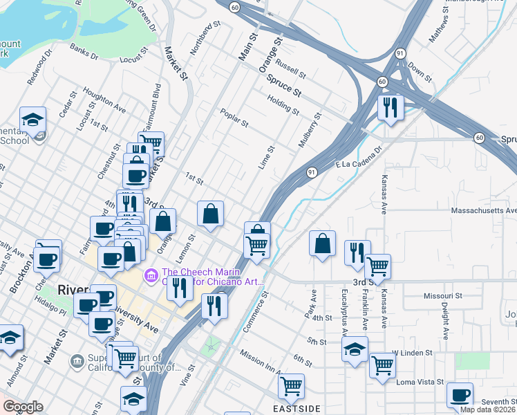 map of restaurants, bars, coffee shops, grocery stores, and more near 3075 Mulberry Street in Riverside