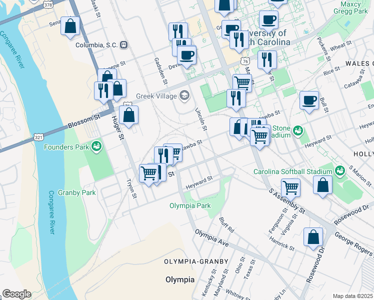 map of restaurants, bars, coffee shops, grocery stores, and more near 219 Gadsden Street in Columbia