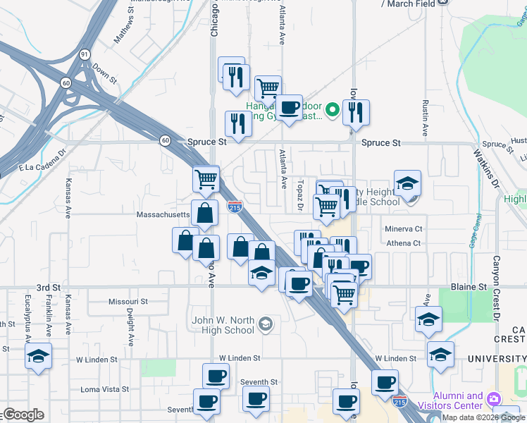 map of restaurants, bars, coffee shops, grocery stores, and more near 1525 Massachusetts Avenue in Riverside