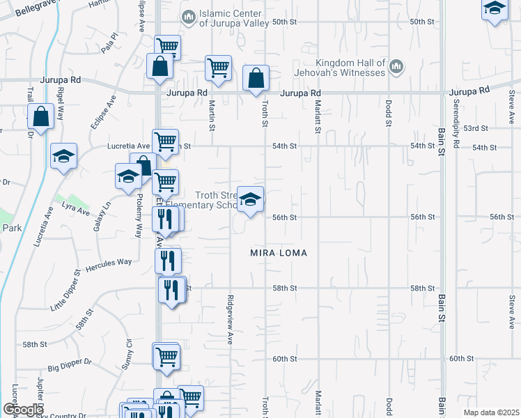 map of restaurants, bars, coffee shops, grocery stores, and more near 5565 Troth Street in Jurupa Valley