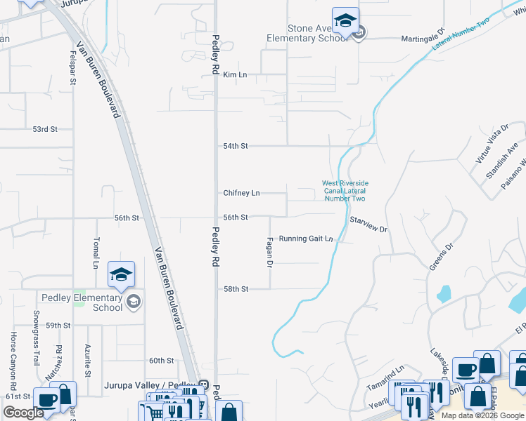 map of restaurants, bars, coffee shops, grocery stores, and more near 8673 56th Street in Riverside