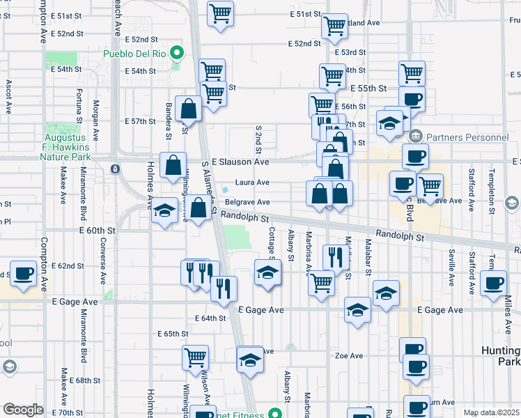 map of restaurants, bars, coffee shops, grocery stores, and more near 2055 Randolph Street in Huntington Park