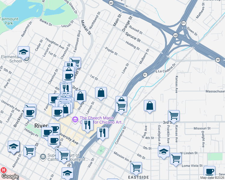 map of restaurants, bars, coffee shops, grocery stores, and more near 3110 Lime Street in Riverside