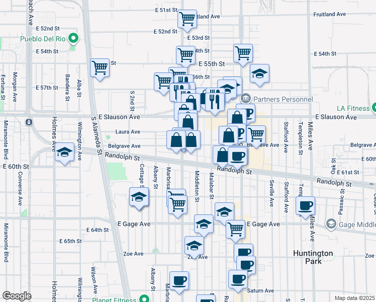 map of restaurants, bars, coffee shops, grocery stores, and more near 6022 Santa Fe Avenue in Huntington Park