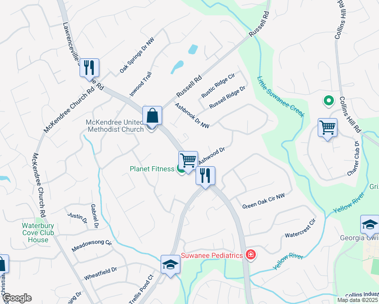 map of restaurants, bars, coffee shops, grocery stores, and more near 1452 Lawrenceville-Suwanee Road in Lawrenceville