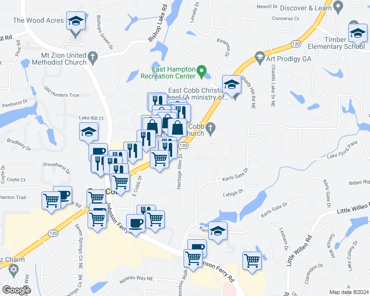 map of restaurants, bars, coffee shops, grocery stores, and more near 2044 Villa Chase Drive Northeast in Marietta