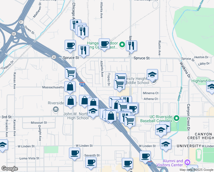 map of restaurants, bars, coffee shops, grocery stores, and more near in Riverside