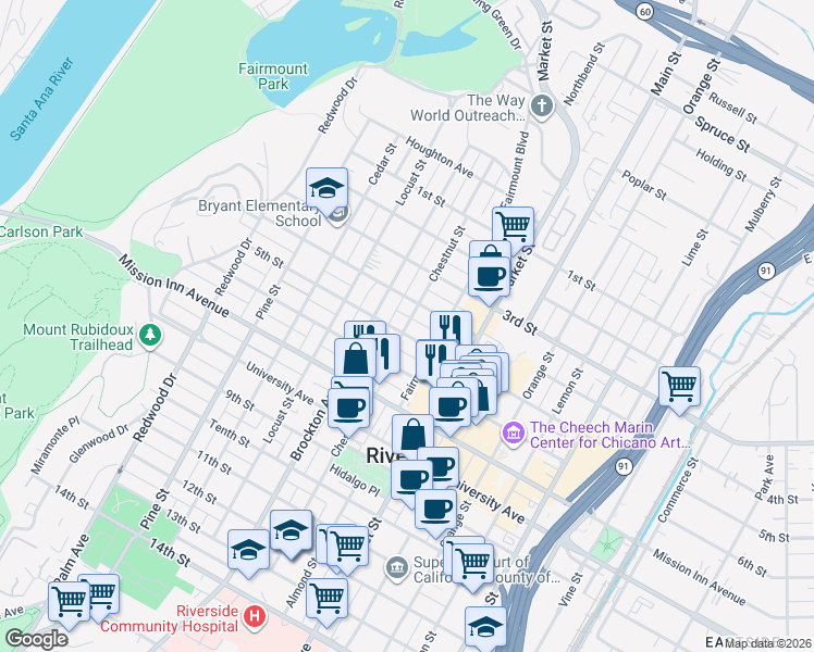 map of restaurants, bars, coffee shops, grocery stores, and more near 4039 5th Street in Riverside