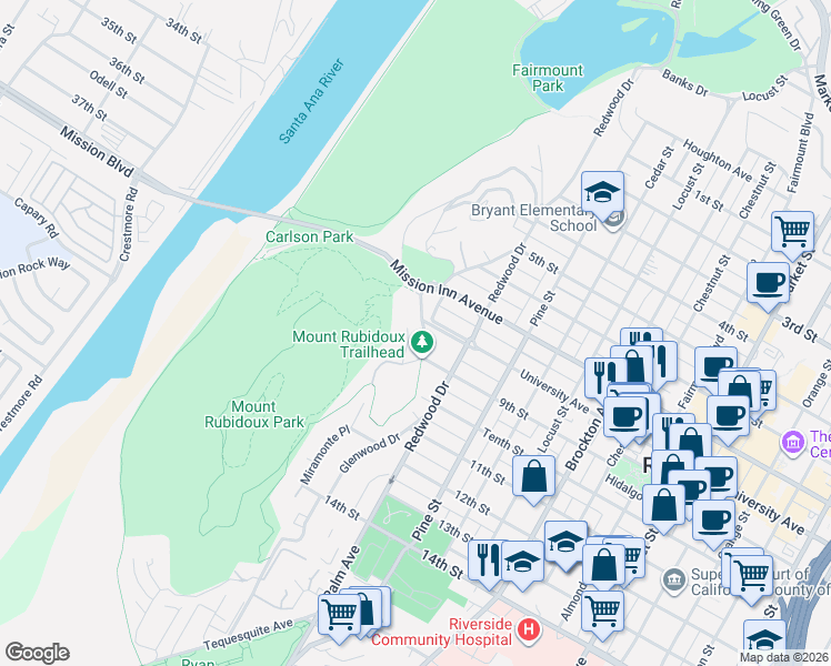 map of restaurants, bars, coffee shops, grocery stores, and more near 3849 Loring Drive in Riverside