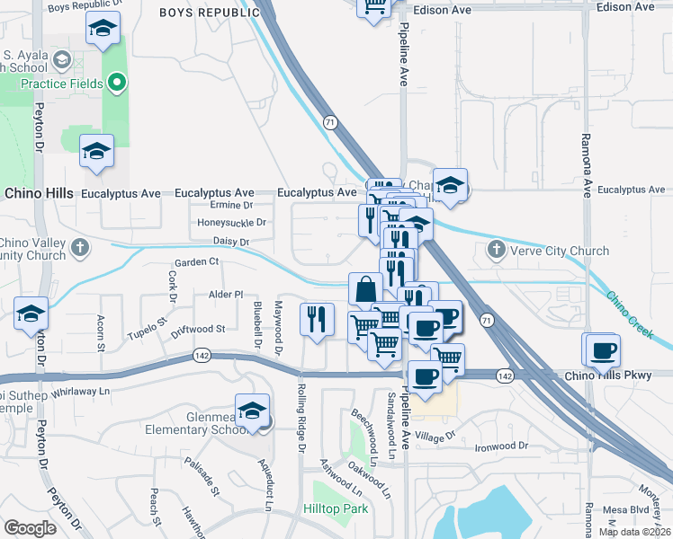 map of restaurants, bars, coffee shops, grocery stores, and more near 3935 Yellowstone Circle in Chino