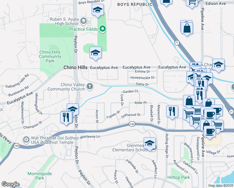 map of restaurants, bars, coffee shops, grocery stores, and more near 3531 Garden Court in Chino Hills