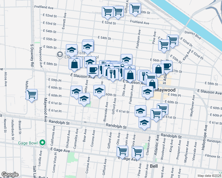 map of restaurants, bars, coffee shops, grocery stores, and more near 5923 Gifford Avenue in Huntington Park