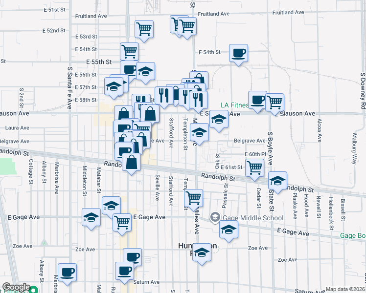 map of restaurants, bars, coffee shops, grocery stores, and more near 6000 Stafford Avenue in Huntington Park