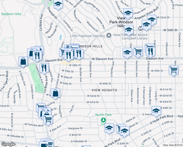 map of restaurants, bars, coffee shops, grocery stores, and more near 5910 Edgemar Avenue in Los Angeles