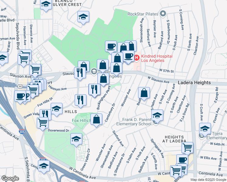 map of restaurants, bars, coffee shops, grocery stores, and more near 5660 Cambridge Way in Culver City