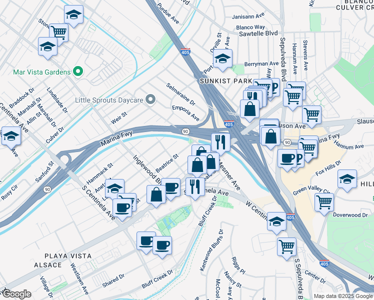 map of restaurants, bars, coffee shops, grocery stores, and more near 11831 Beatrice Street in Culver City