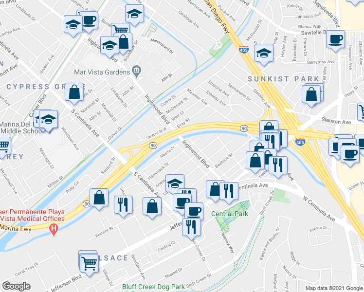 map of restaurants, bars, coffee shops, grocery stores, and more near 5332 Inglewood Boulevard in Culver City