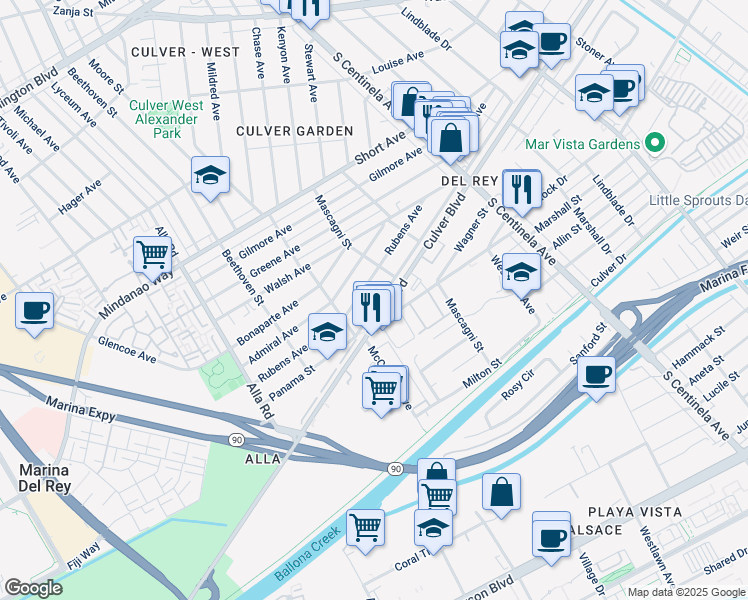 map of restaurants, bars, coffee shops, grocery stores, and more near 12631 Culver Boulevard in Los Angeles