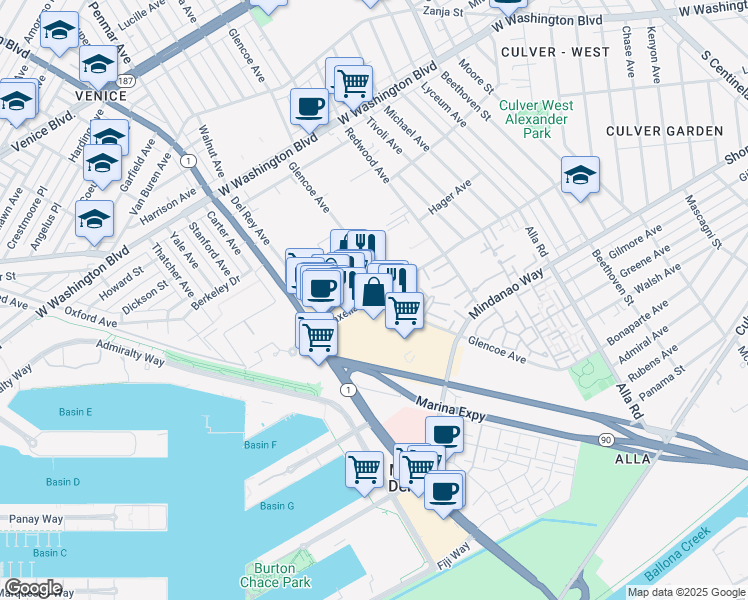 map of restaurants, bars, coffee shops, grocery stores, and more near 13450 Maxella Avenue in Marina del Rey