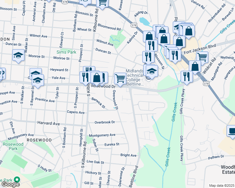 map of restaurants, bars, coffee shops, grocery stores, and more near 4004 Rosewood Drive in Columbia
