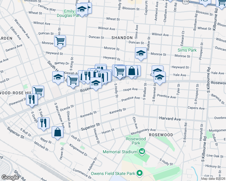 map of restaurants, bars, coffee shops, grocery stores, and more near 432 South Holly Street in Columbia