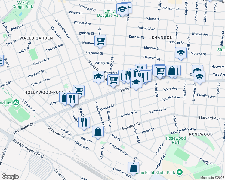 map of restaurants, bars, coffee shops, grocery stores, and more near 358 South Harden Street in Columbia