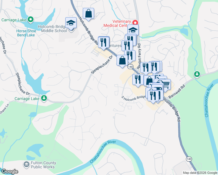 map of restaurants, bars, coffee shops, grocery stores, and more near 820 Glen Royal Drive in Roswell