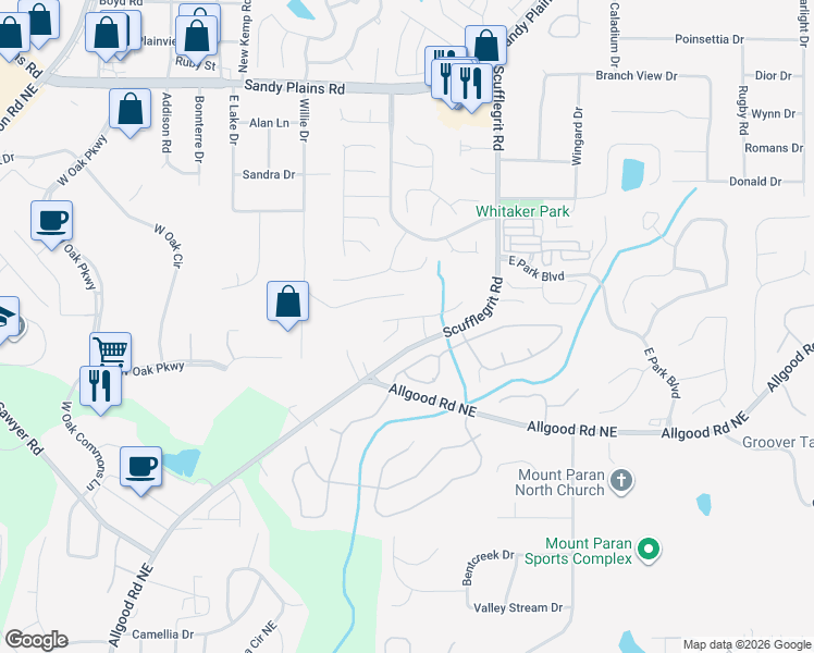 map of restaurants, bars, coffee shops, grocery stores, and more near 1500 Gateview Circle Northeast in Marietta